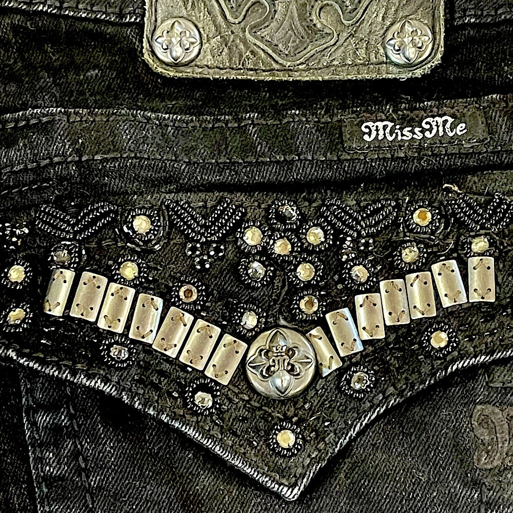 Miss Me Black Jeans. Studs and rhinestones on back pockets